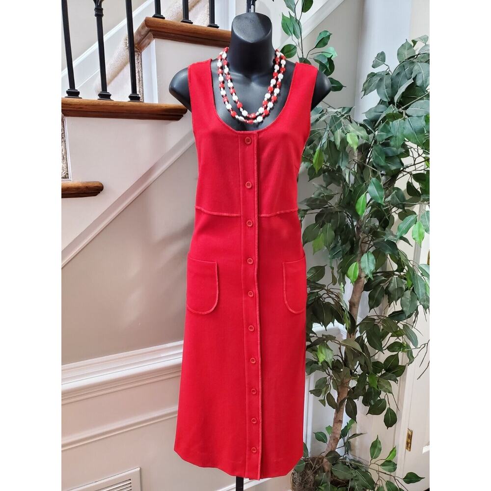 Vtg Dick Schulman Solid Red Polyester Scoop Neck Sleeveless Midi Length Dress 10